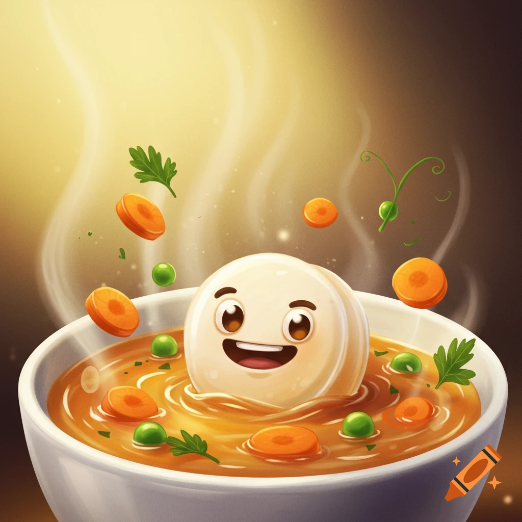 Happy cartoon character in a bowl of steaming soup with carrots, peas, and parsley.