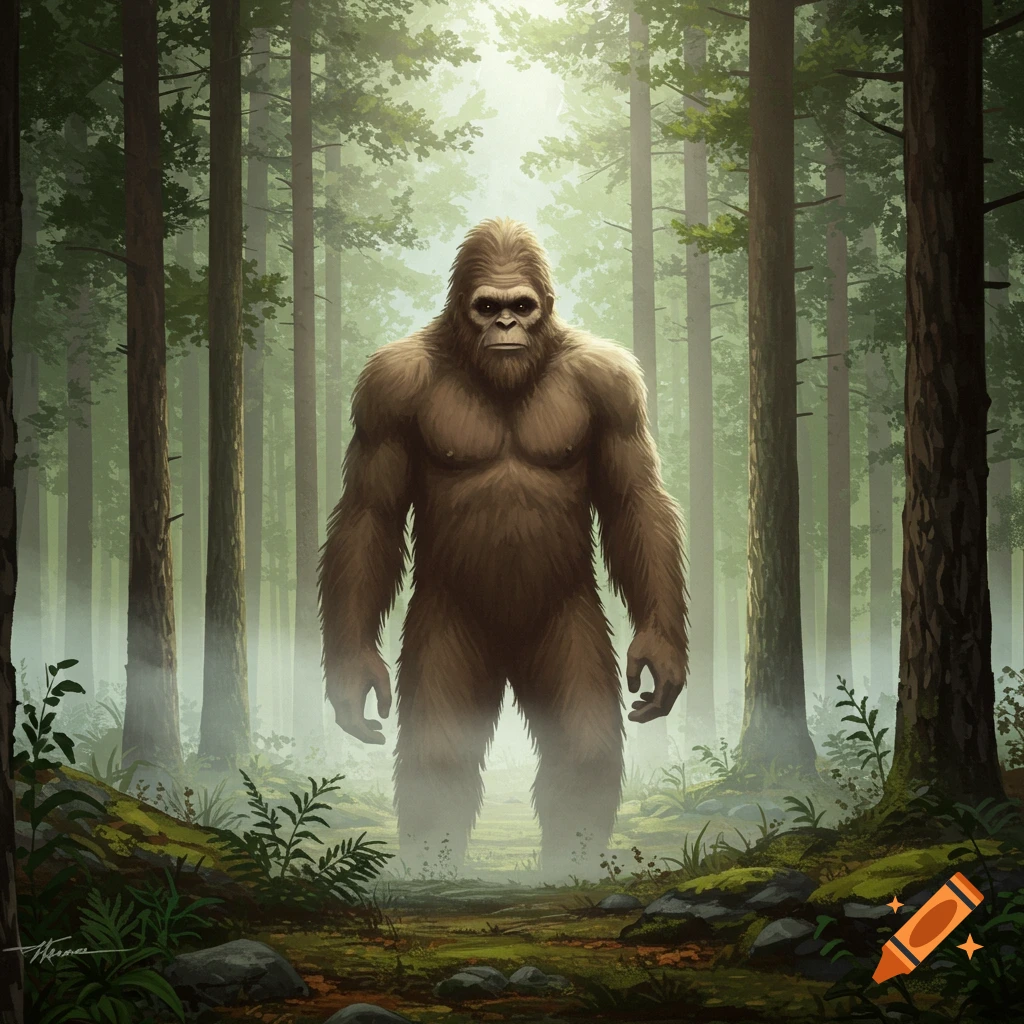 A large, furry brown Sasquatch stands in a misty, sunlit forest with tall trees and green undergrowth.