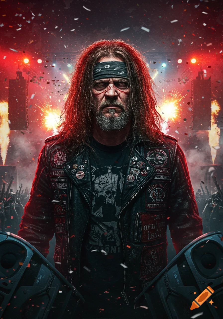 A man with long hair, a beard, and a bandana wears a patched leather jacket at a vibrant heavy metal concert with fireworks and confetti. Photorealistic style.