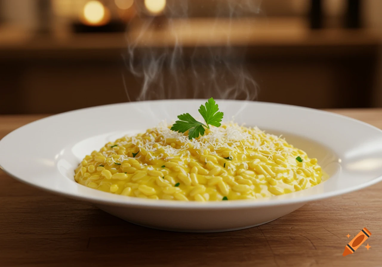 A steaming plate of bright yellow risotto topped with grated cheese and a sprig of parsley, on a wooden table.