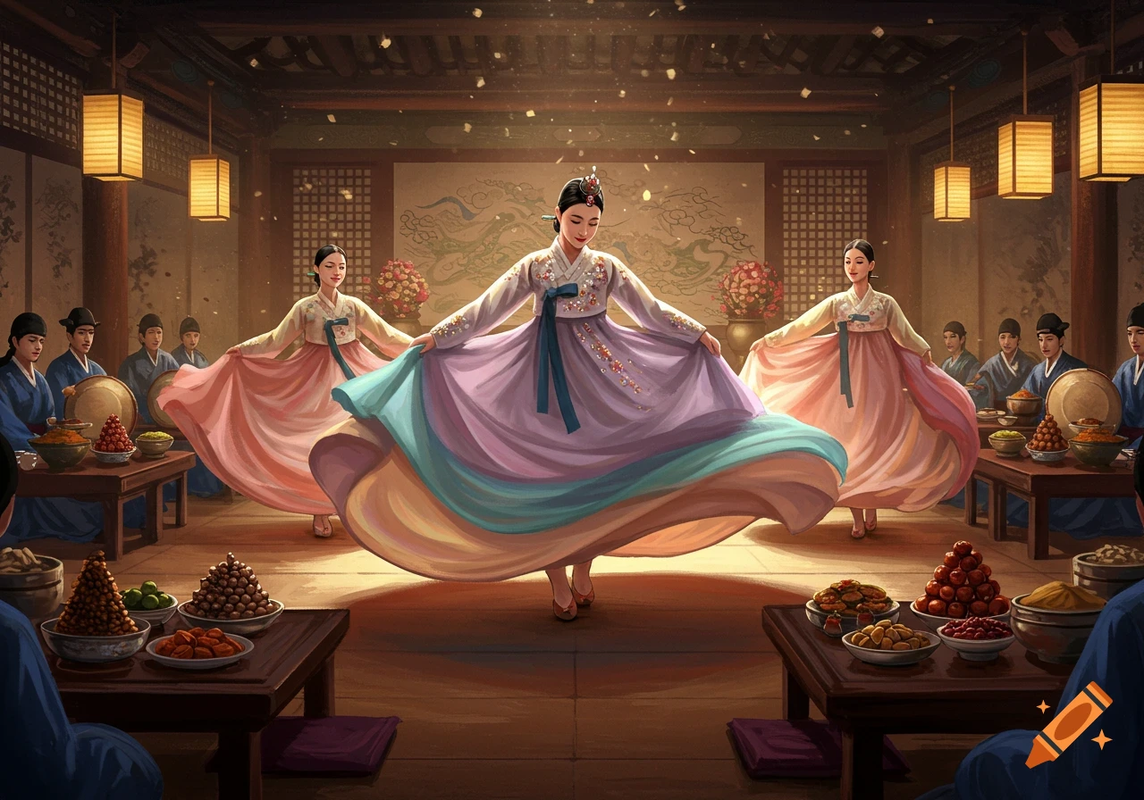 Three women in colorful hanbok perform a traditional Korean dance in a warmly lit hall, with an audience and food on tables.