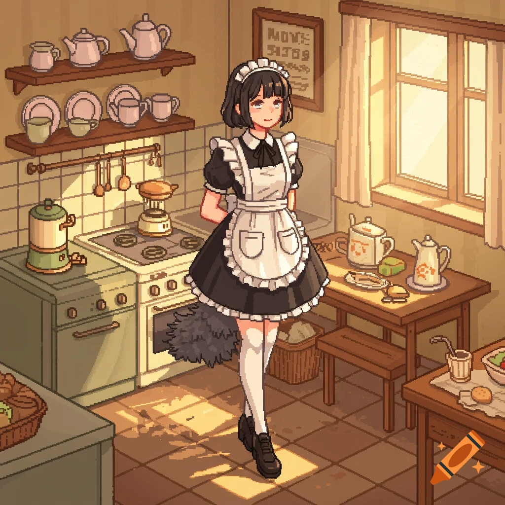 A pixel art illustration of a maid standing in a cozy kitchen, illuminated by sunlight from a window.