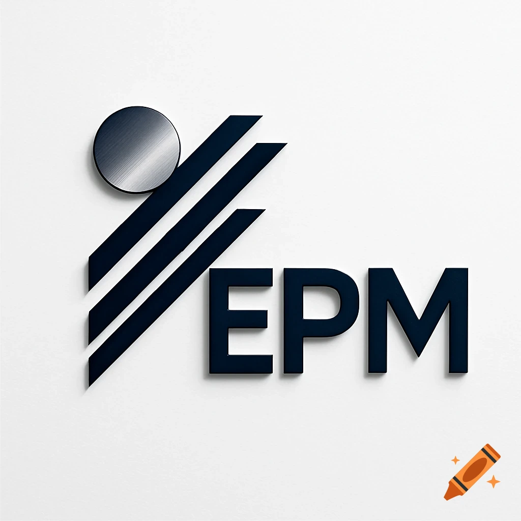 Dark blue EPM logo with a stylized geometric design and a metallic circle on a white background.