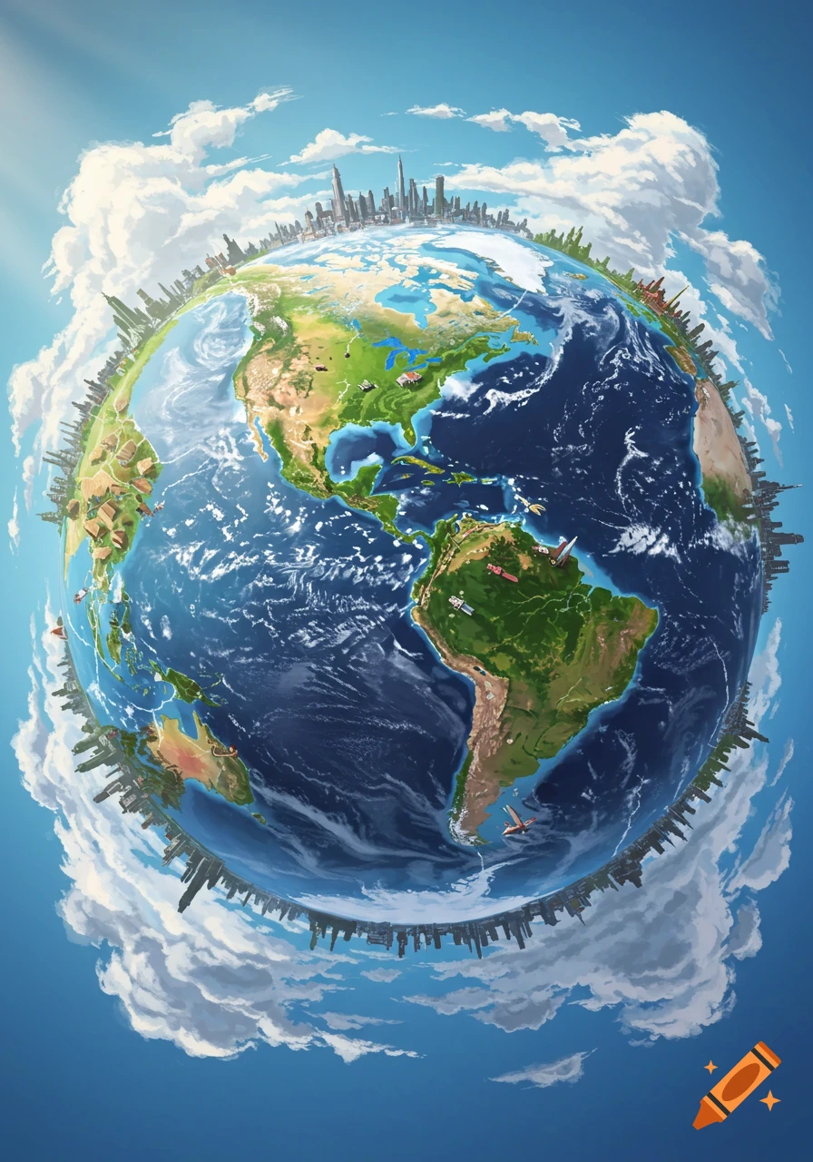 A stylized illustration of planet Earth with numerous city skylines wrapping around its equator, set against a blue sky with white clouds.