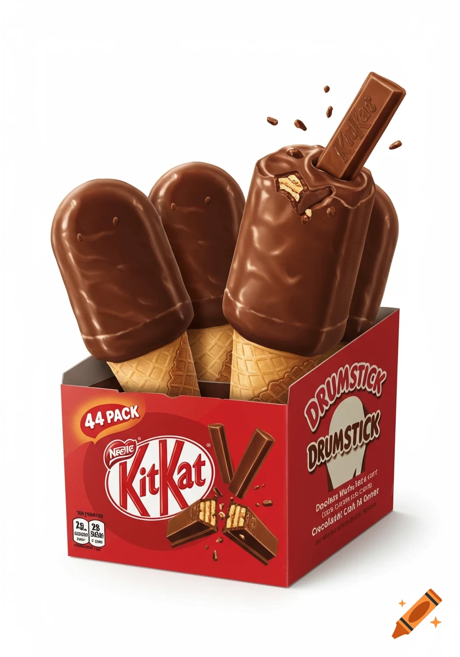 A red box filled with four Kit Kat Drumstick ice cream cones, featuring chocolate-covered cones and a Kit Kat bar inserted into one cone.