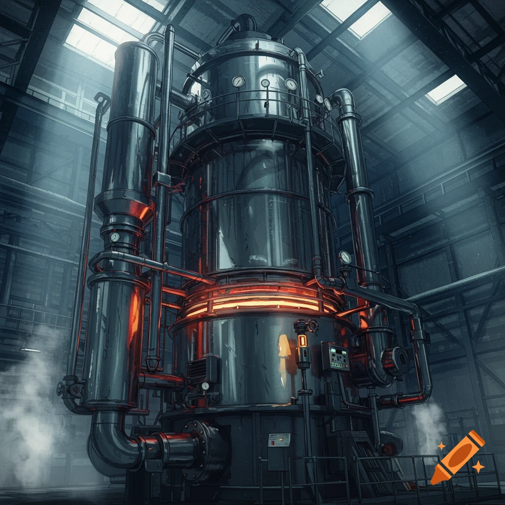 Large dark metal industrial evaporator with pipes, gauges, glowing orange base, and steam inside a factory.