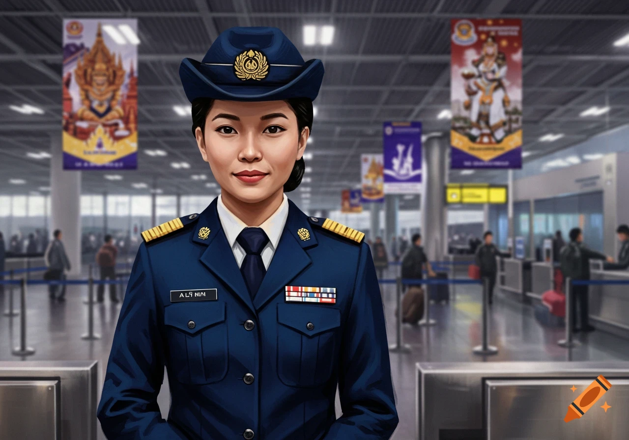 Stylized portrait of an Asian woman in a blue customs officer uniform at an airport checkpoint.