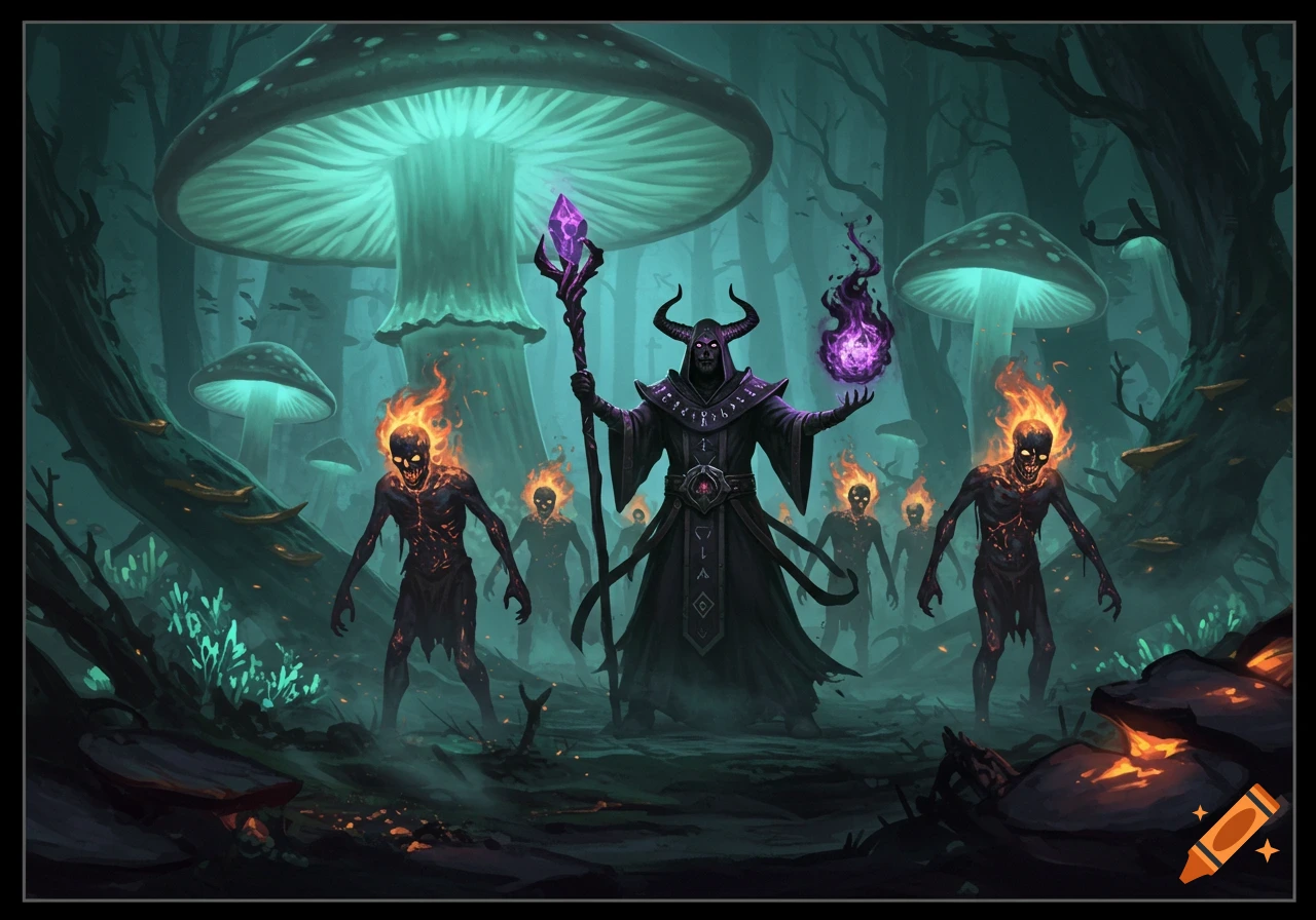 A warlock in a horned hood holds a glowing staff and purple orb, surrounded by flaming-headed zombies in a dark, glowing mushroom forest.