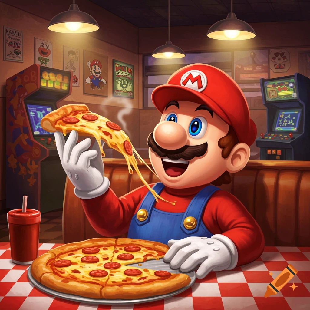 Mario, a cartoon character in a red cap and blue overalls, happily eats a slice of pepperoni pizza in a retro arcade-style pizza restaurant.