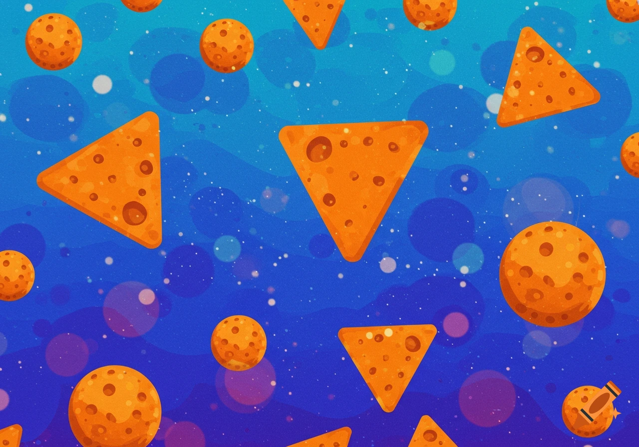 Abstract pattern of orange triangles and circles resembling chips and cheese balls on a bright blue to purple background with specks.