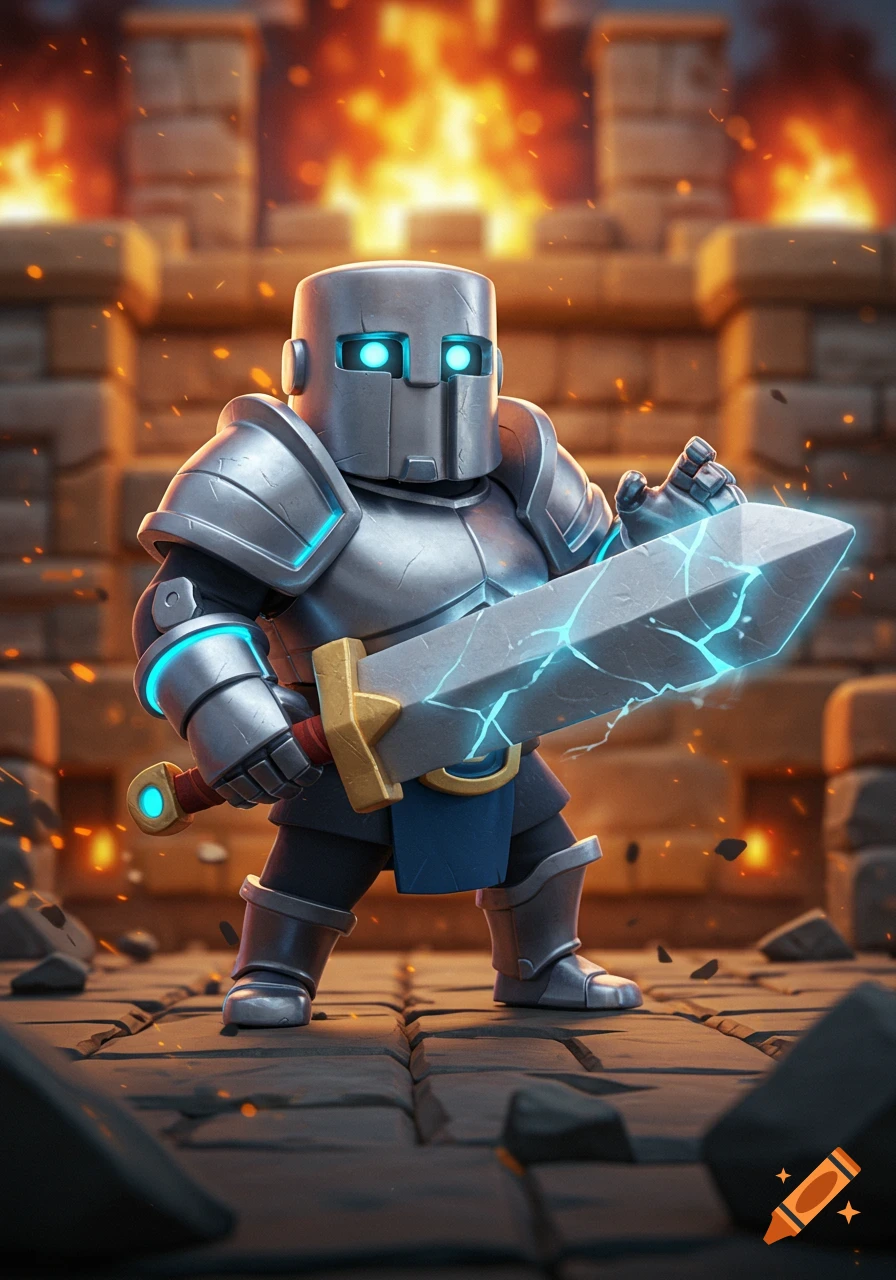 A stylized knight in silver armor with glowing blue eyes holds a ...