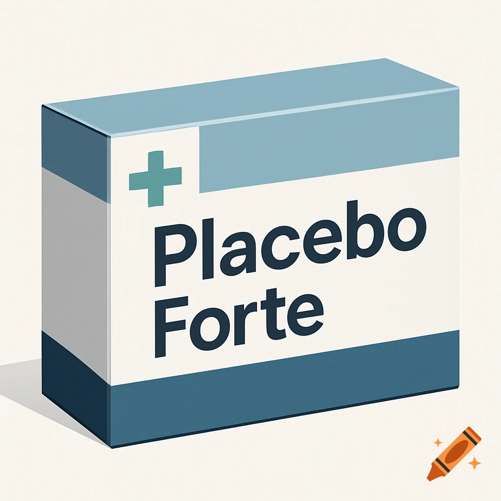 A minimalist illustration of a light blue and white medication box labeled 'Placebo Forte' with a teal plus sign.