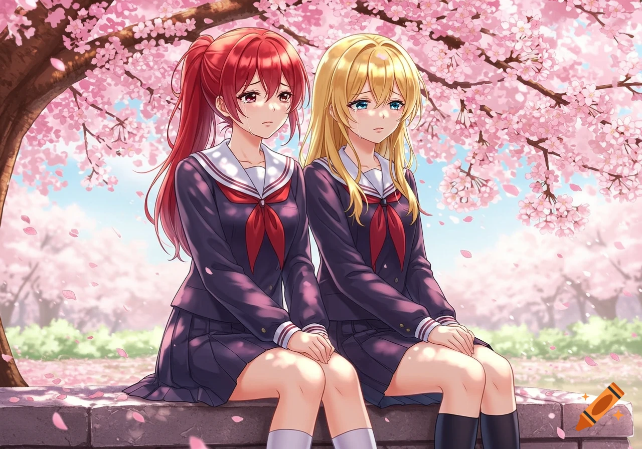 Two sad anime schoolgirls with red and blonde hair sit under blooming cherry blossom trees.