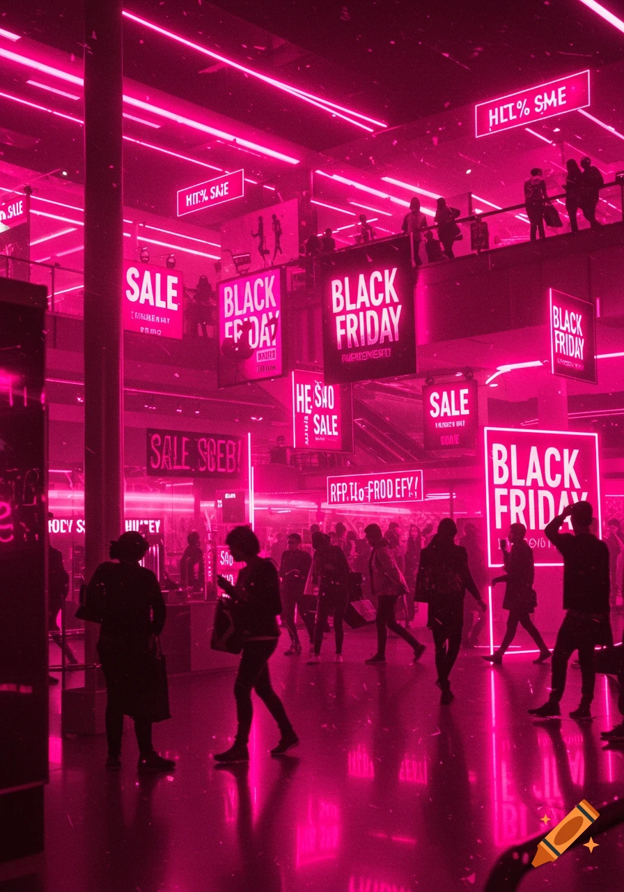 A vibrant, pink-hued image of a busy shopping mall with silhouettes of shoppers and numerous glowing "Black Friday" and "Sale" signs.