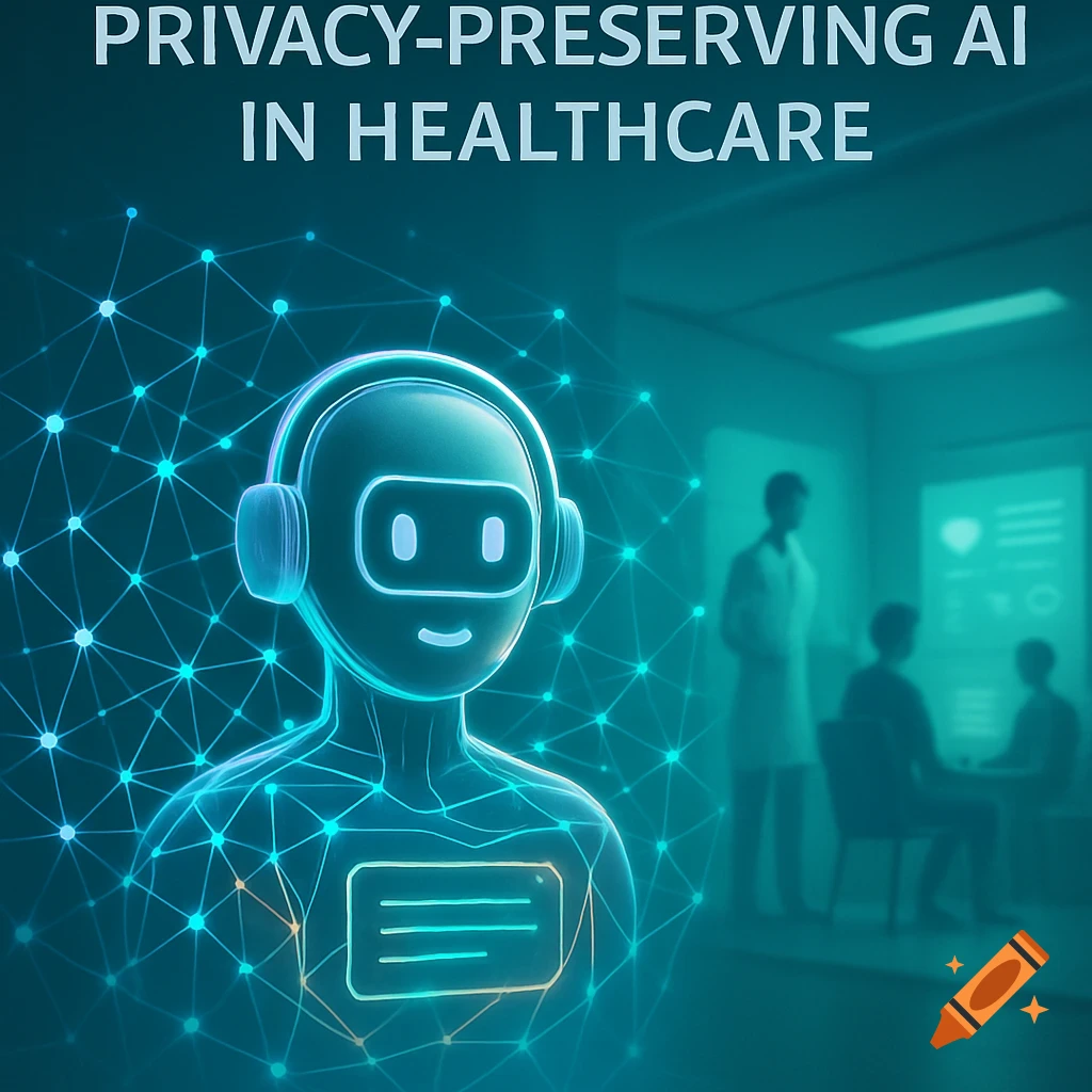 A glowing, translucent AI robot with headphones and a network overlay, in the foreground of a blurred healthcare setting with doctors.