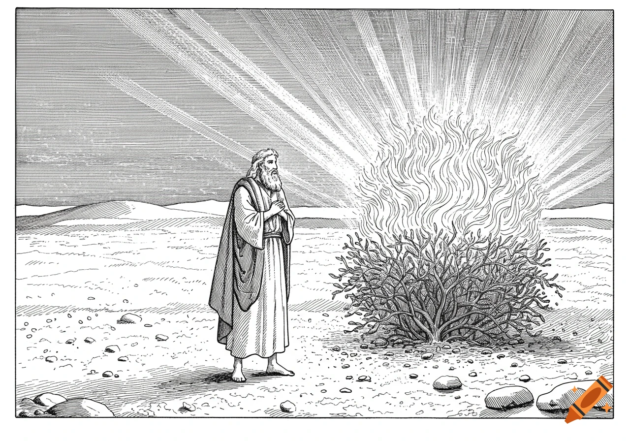 Moses stands barefoot before a burning bush with divine light rays in a vintage biblical engraving style.