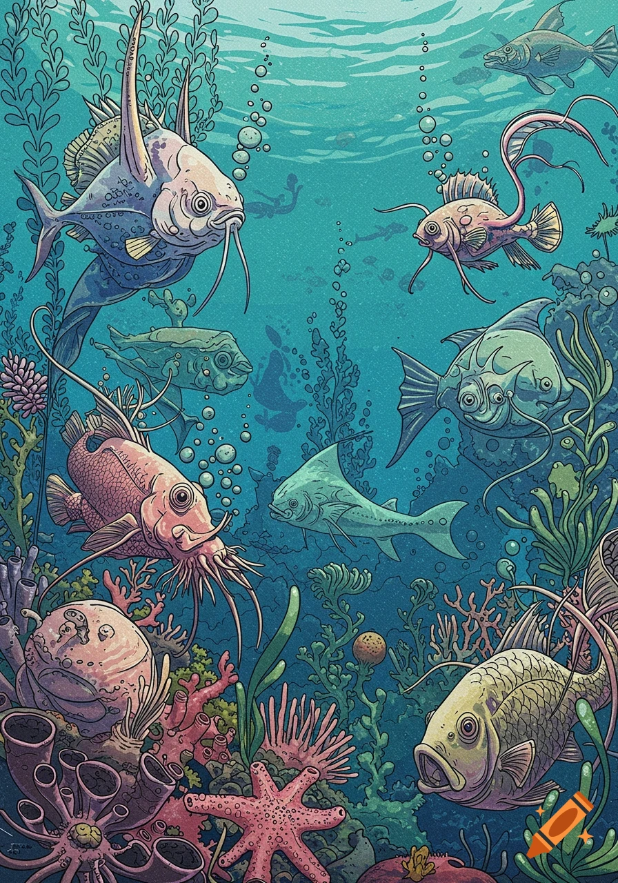 A vibrant linocut illustration of an underwater scene filled with stylized, surreal fish and various colorful coral and plant life.