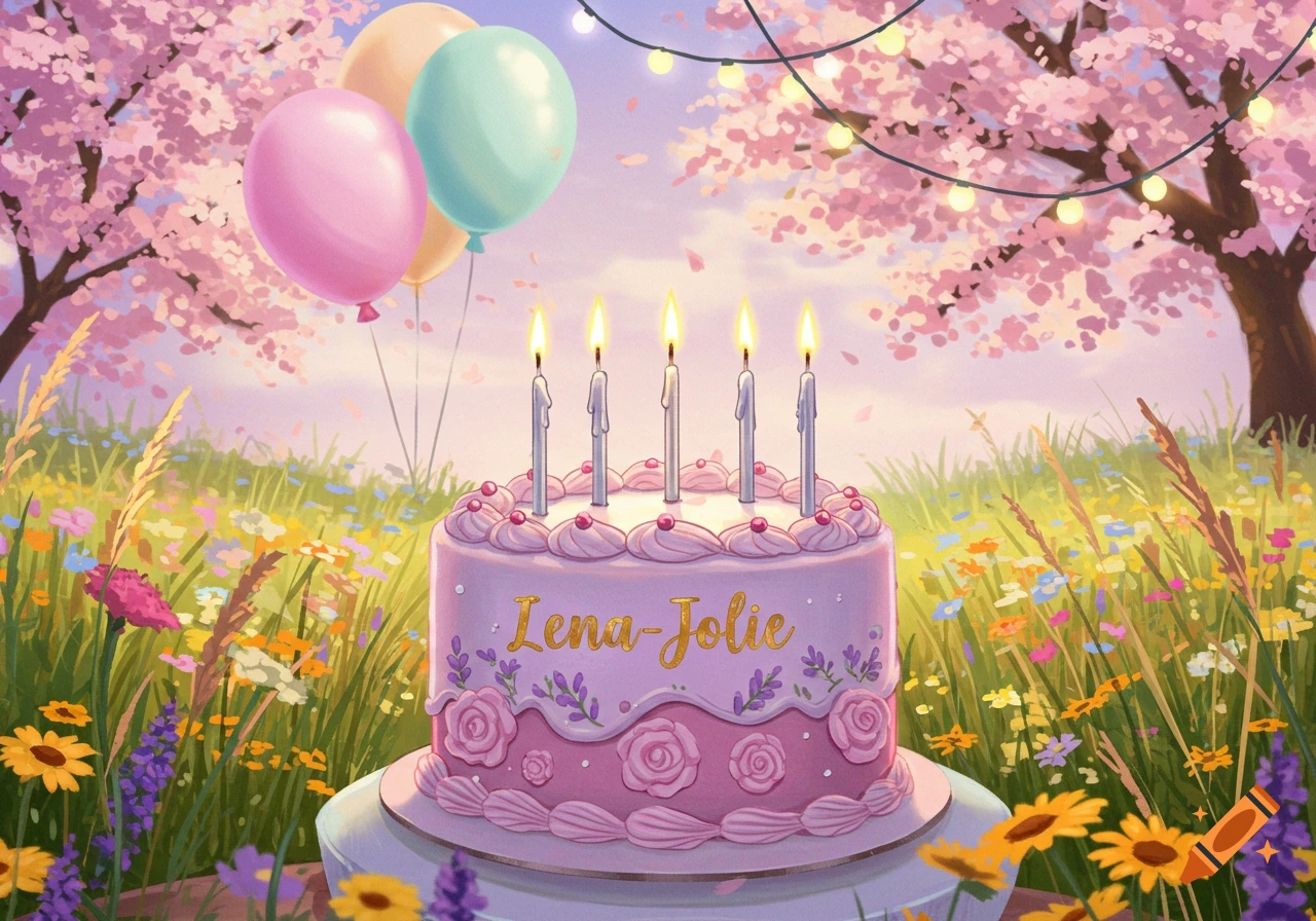 A pink birthday cake with five lit candles and 'Lena-Jolie' on it, amidst wildflowers, cherry blossoms, balloons, and string lights.