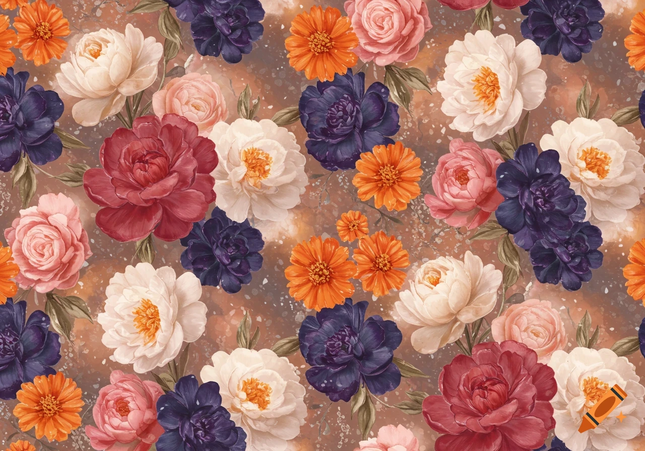 A seamless pattern of various flowers in shades of red, pink, white, purple, and orange on a textured brown background.