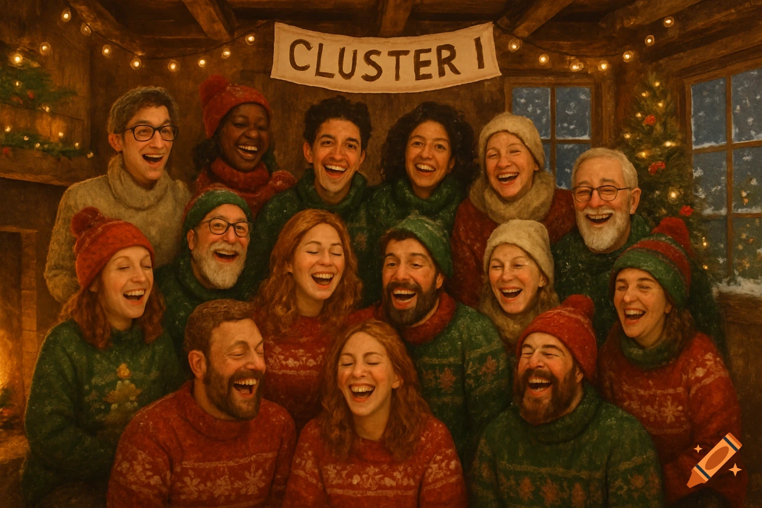 A group of happy people in Christmas sweaters and hats laughing together in a festive, warm room with fairy lights.