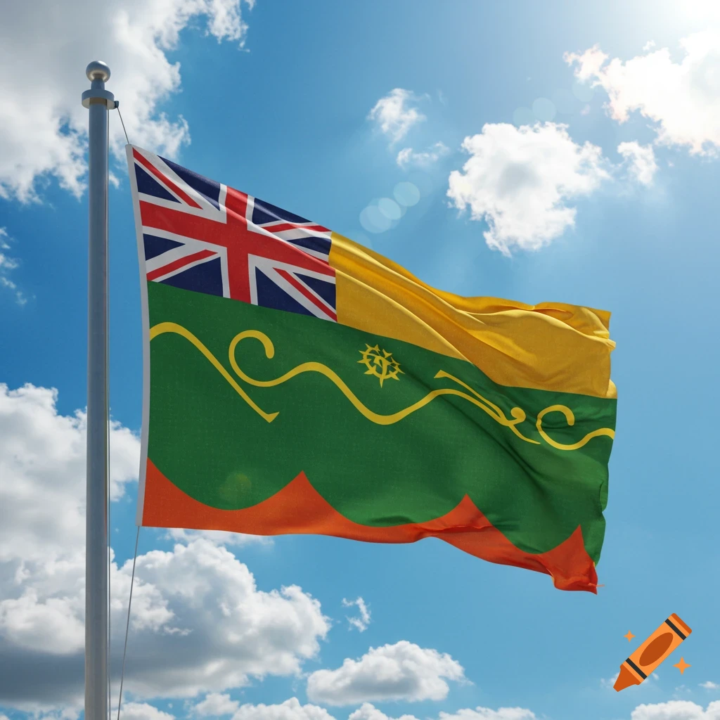 The flag of Norfolk Island, featuring the Union Jack in the canton, a yellow stripe, a green stripe with a Norfolk Island pine, and an orange bottom border, flies against a blue sky with clouds.