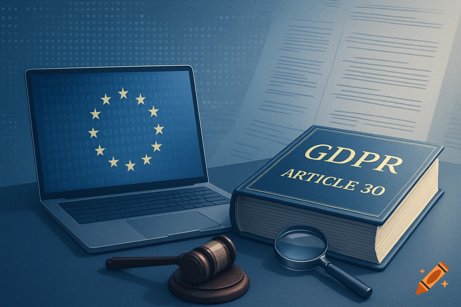 An illustration of a laptop displaying the EU flag, a book titled "GDPR ARTICLE 30", a gavel, and a magnifying glass on a blue desk.