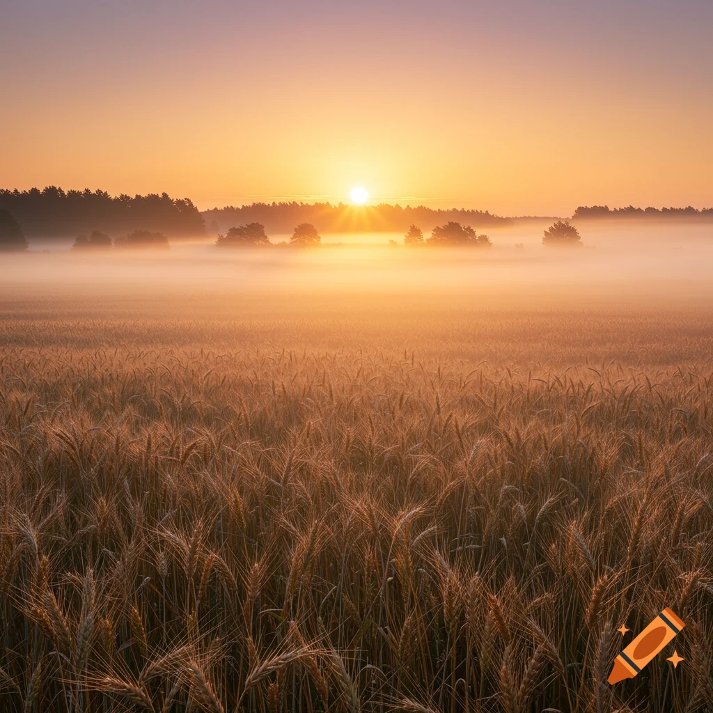 Golden sunrise over a misty wheat field with a dark forest in the background, photorealistic style.
