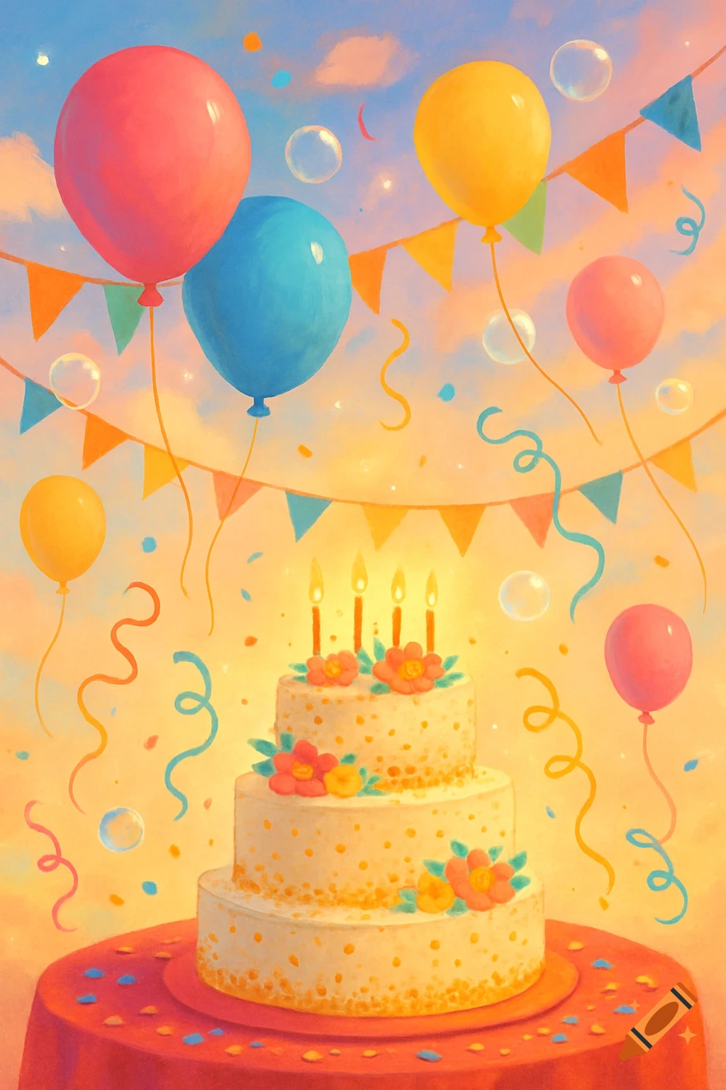 A vibrant, painterly image of a three-tier birthday cake with lit candles, surrounded by colorful balloons, streamers, and garlands.
