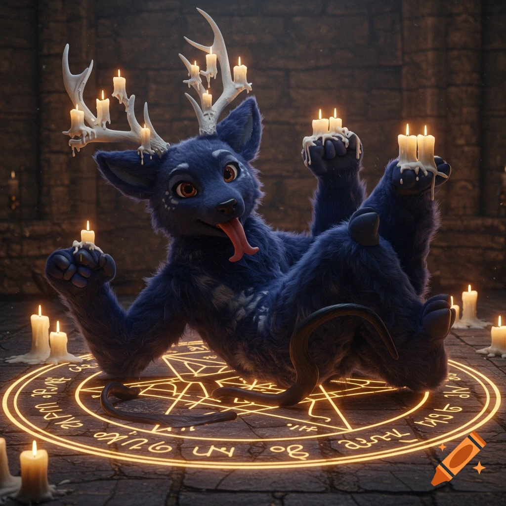 A dark-blue furry deer-like creature with candle antlers and holding candles, lies on its back on a glowing pentagram with its tongue sticking out, in a dungeon-like setting. Photorealistic 3D render.