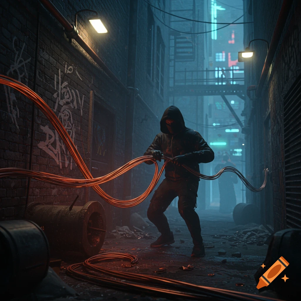 A hooded figure in a dark, neon-lit alley pulls glowing orange cables from a spool, creating a gritty cyberpunk scene.