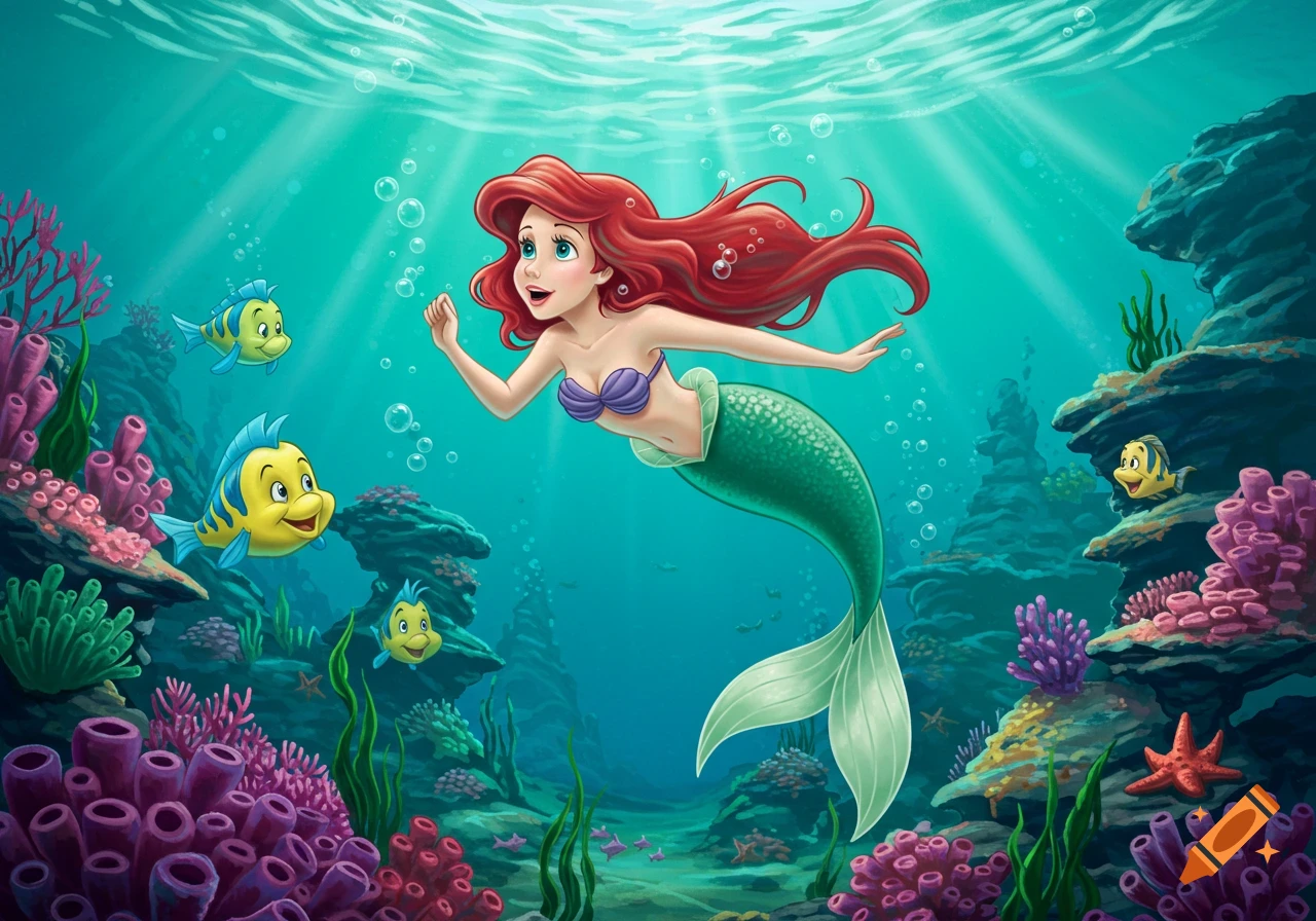 Cartoon of Ariel the mermaid with red hair and green tail swimming underwater with yellow fish and vibrant coral.