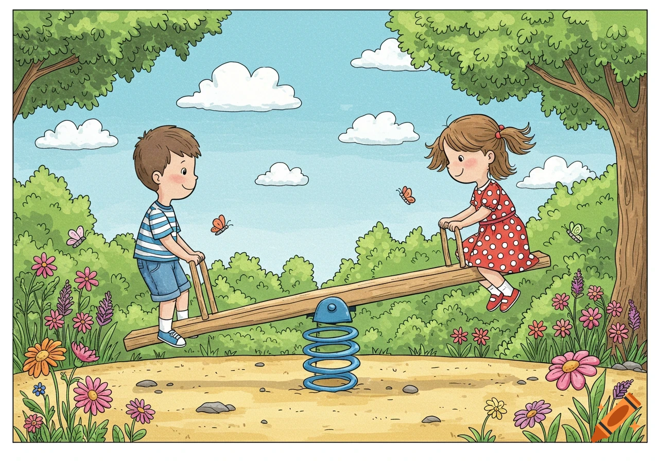 Cartoon illustration of a boy and girl playing on a seesaw in a colorful park with flowers and trees.
