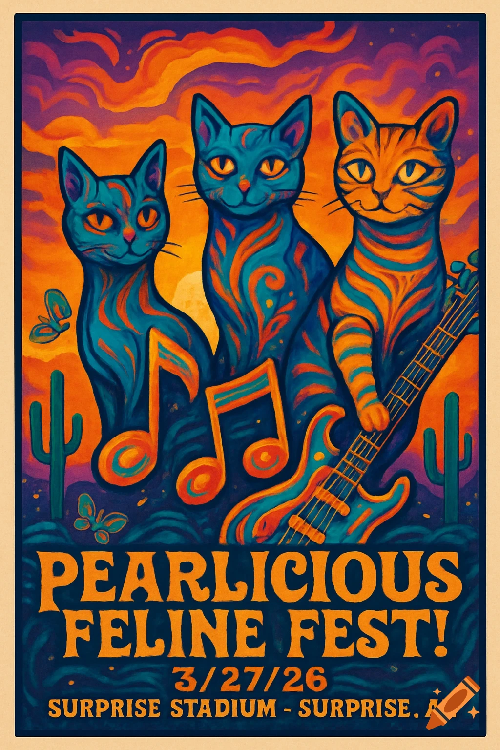 Vibrant psychedelic concert poster for 'Pearlicious Feline Fest!' with three stylized cats, musical notes, and a bass guitar.