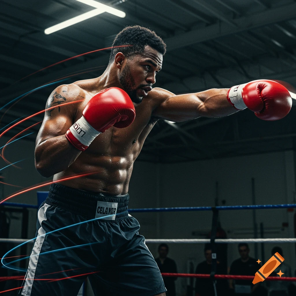 A photorealistic image of a muscular boxer in red gloves throwing a punch in a boxing ring, with red and blue motion trails.