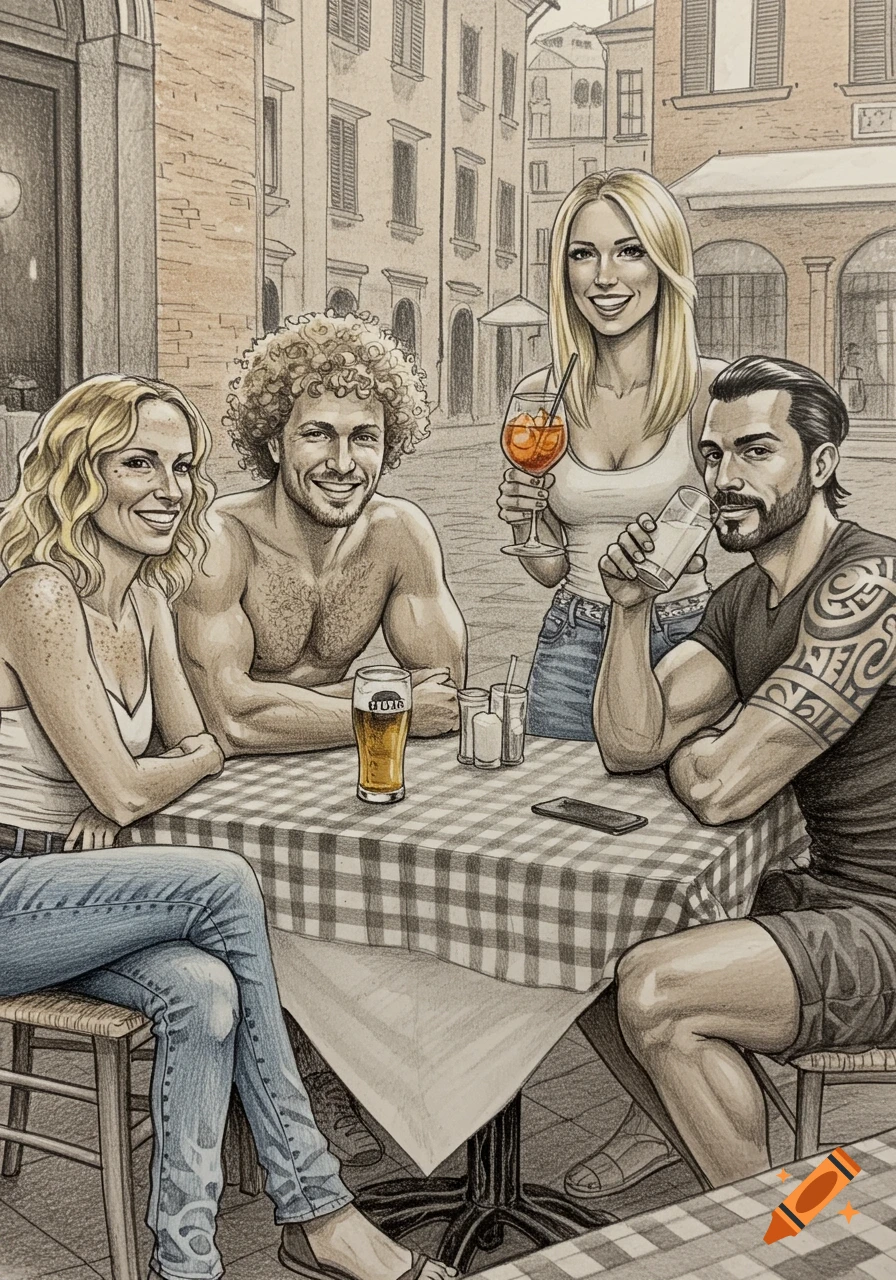 Pencil drawing of four friends laughing and drinking at an outdoor cafe with a checkered tablecloth in an Italian piazza.