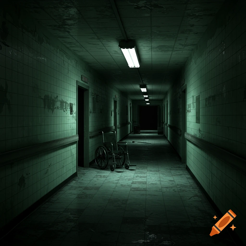Dark, eerie hospital hallway with green tiles, a wheelchair, and dim fluorescent lights, in a photorealistic style.
