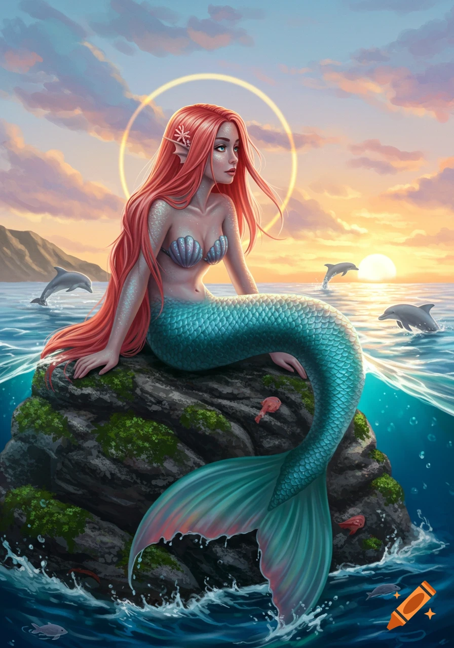 A red-haired mermaid in a shell bra sits on a rock in the ocean at sunset, with dolphins leaping in the background, digital painting style.