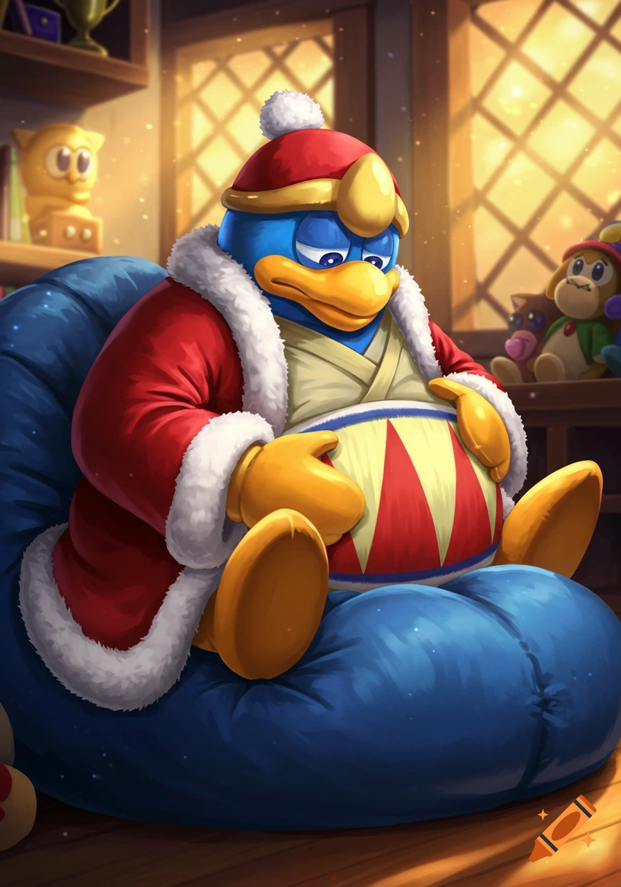 King Dedede, wearing a red coat, sits on a blue bean bag, looking sad while holding his belly in a warm, sunlit room.