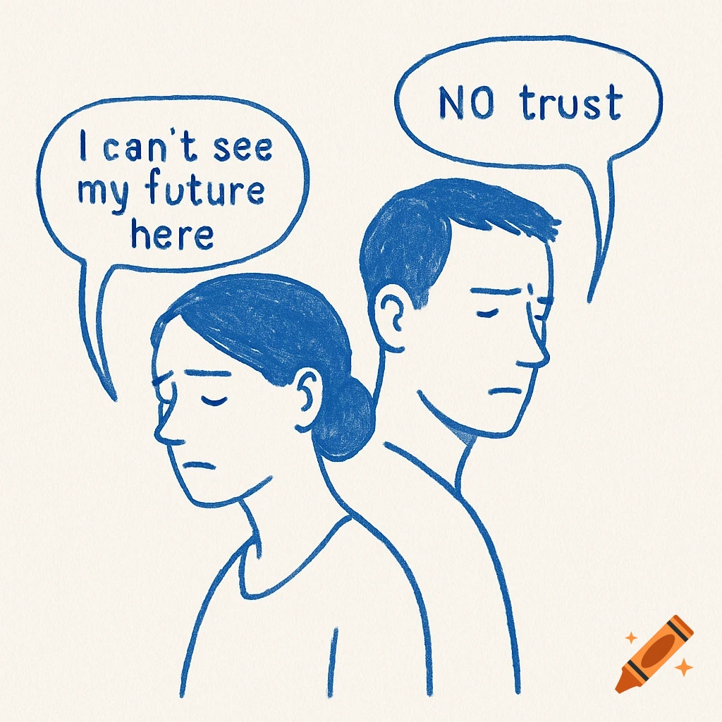 Minimalist blue sketch of a man and woman back to back, sad, with speech bubbles 'I can't see my future here' and 'NO trust'.