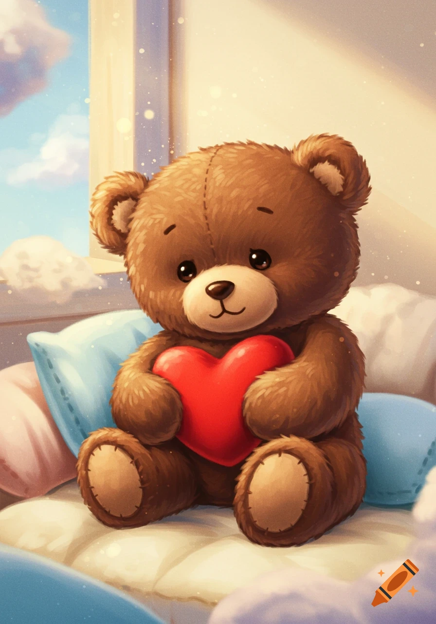 A cute brown teddy bear sits on a cozy bed by a sunny window, gently holding a bright red heart.