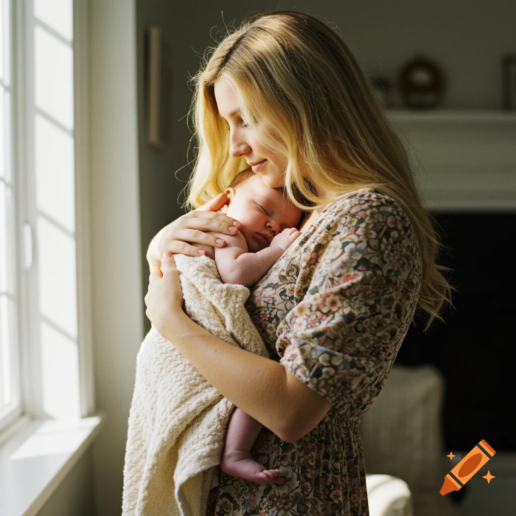 A woman with long blonde hair gently holds a sleeping newborn baby in her arms near a window, in a soft, natural light photograph.