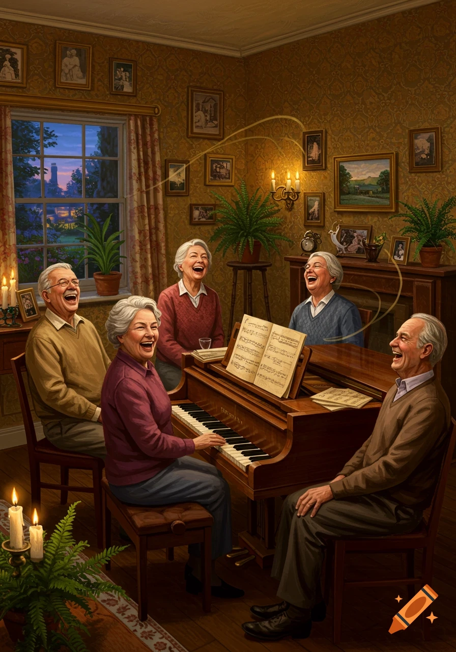 Five joyful seniors laughing and singing around a piano in a warmly lit, traditional living room.
