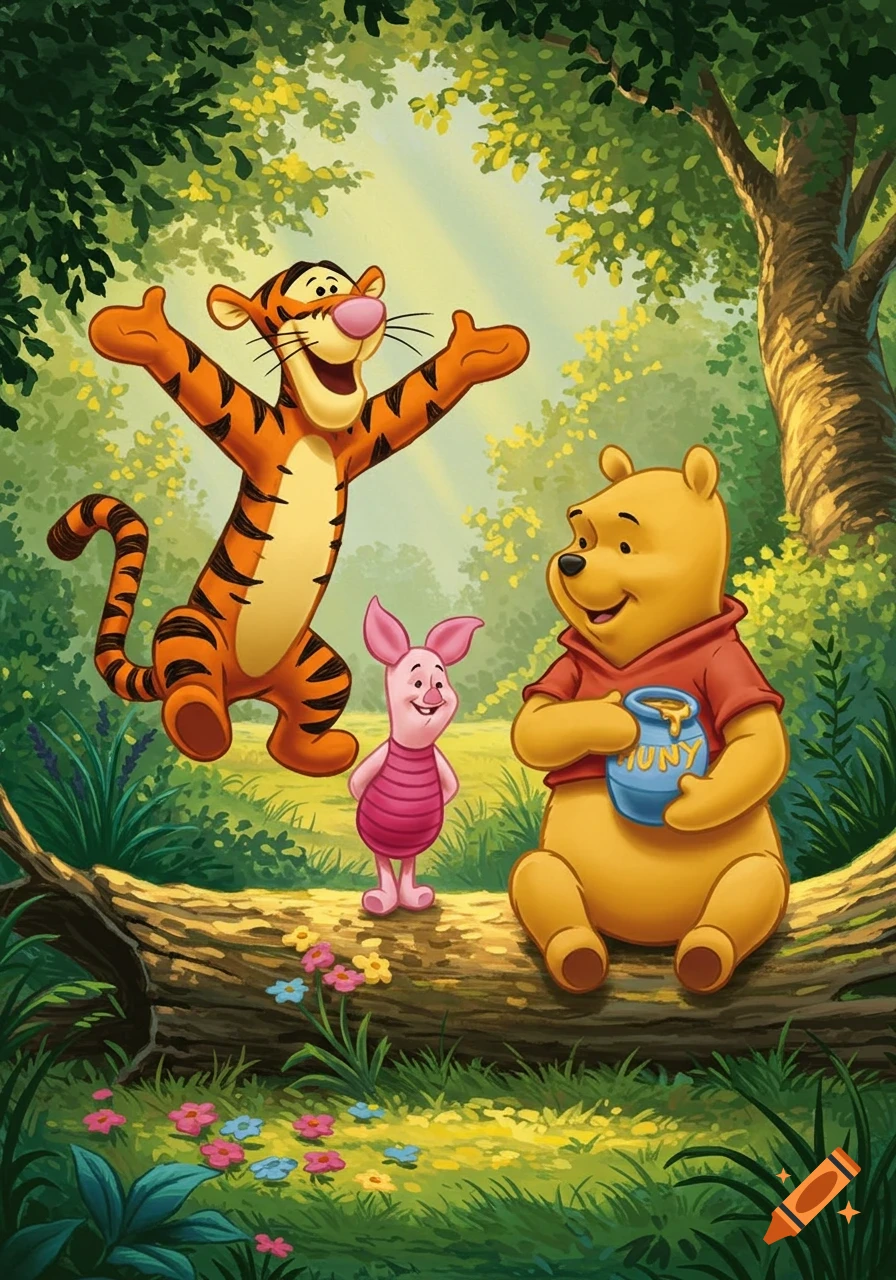 Tigger, Piglet, and Winnie the Pooh in a lush forest, Tigger jumping, Piglet standing, Pooh sitting on a log with a 'HUNY' pot.