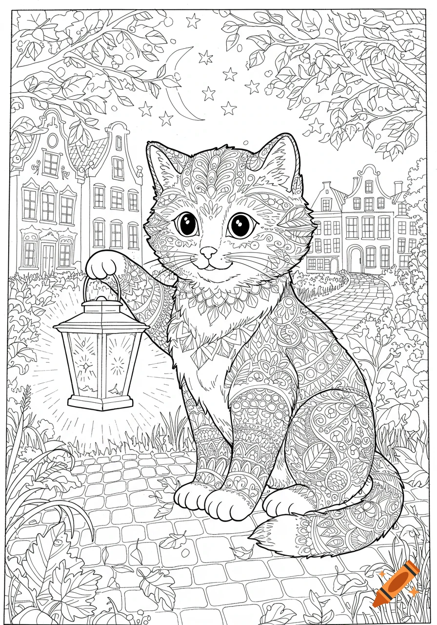 A line art coloring page of a sweet kitten holding a lantern, sitting on a cobblestone path in front of quaint houses under a starry, moonlit sky.