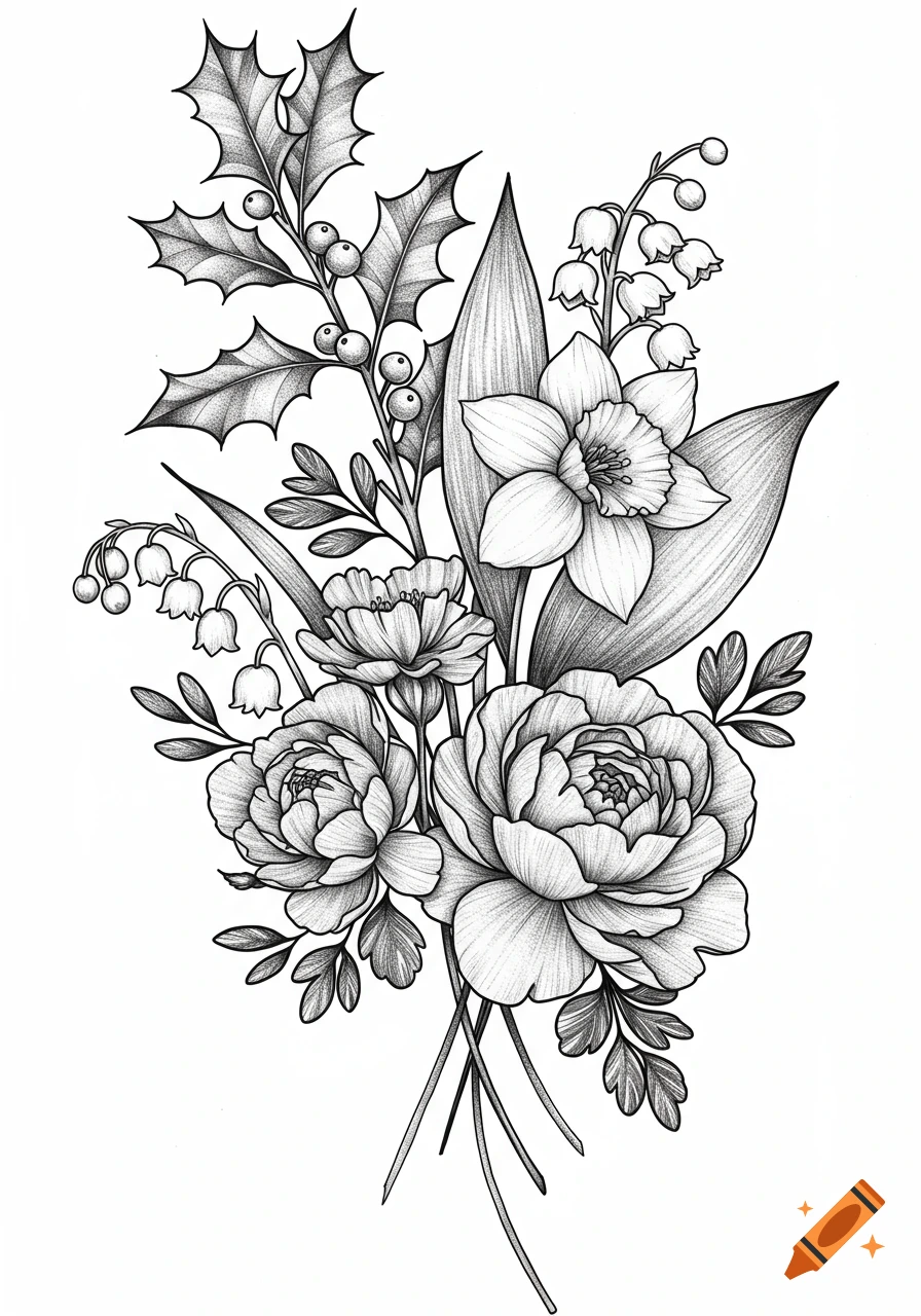 Detailed black and white illustration of a bouquet featuring holly, lily of the valley, narcissus, and peonies in a tattoo art style.