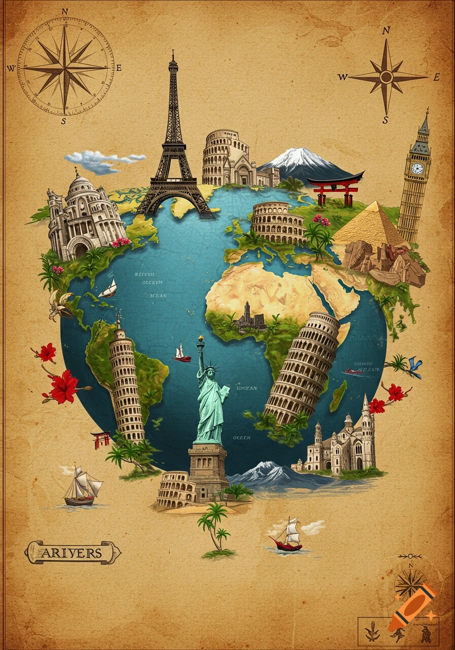 An old world map illustration featuring famous global landmarks like the Eiffel Tower, Statue of Liberty, Pyramids, and Big Ben on a parchment background.