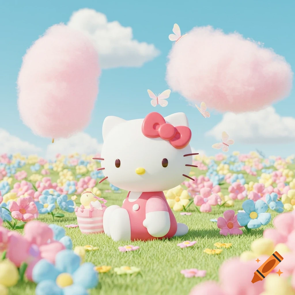 Hello Kitty sits in a colorful flower field with cotton candy clouds and butterflies in a whimsical 3D style.