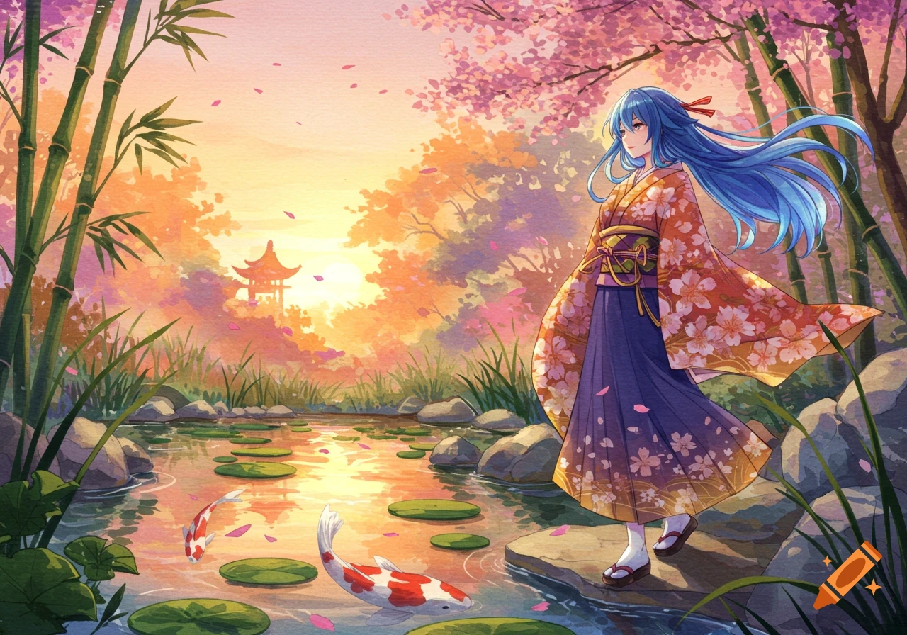 Anime girl with blue hair in a kimono by a koi pond with cherry blossoms and a pagoda at sunset, vibrant watercolor style.