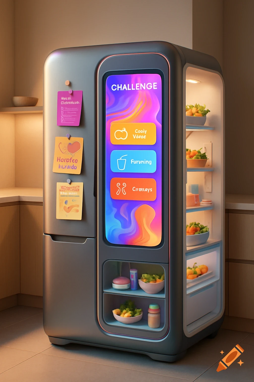 A sleek, modern gray refrigerator with an illuminated, colorful touchscreen displaying challenges. Sticky notes are attached to the door, and fresh produce is visible inside.