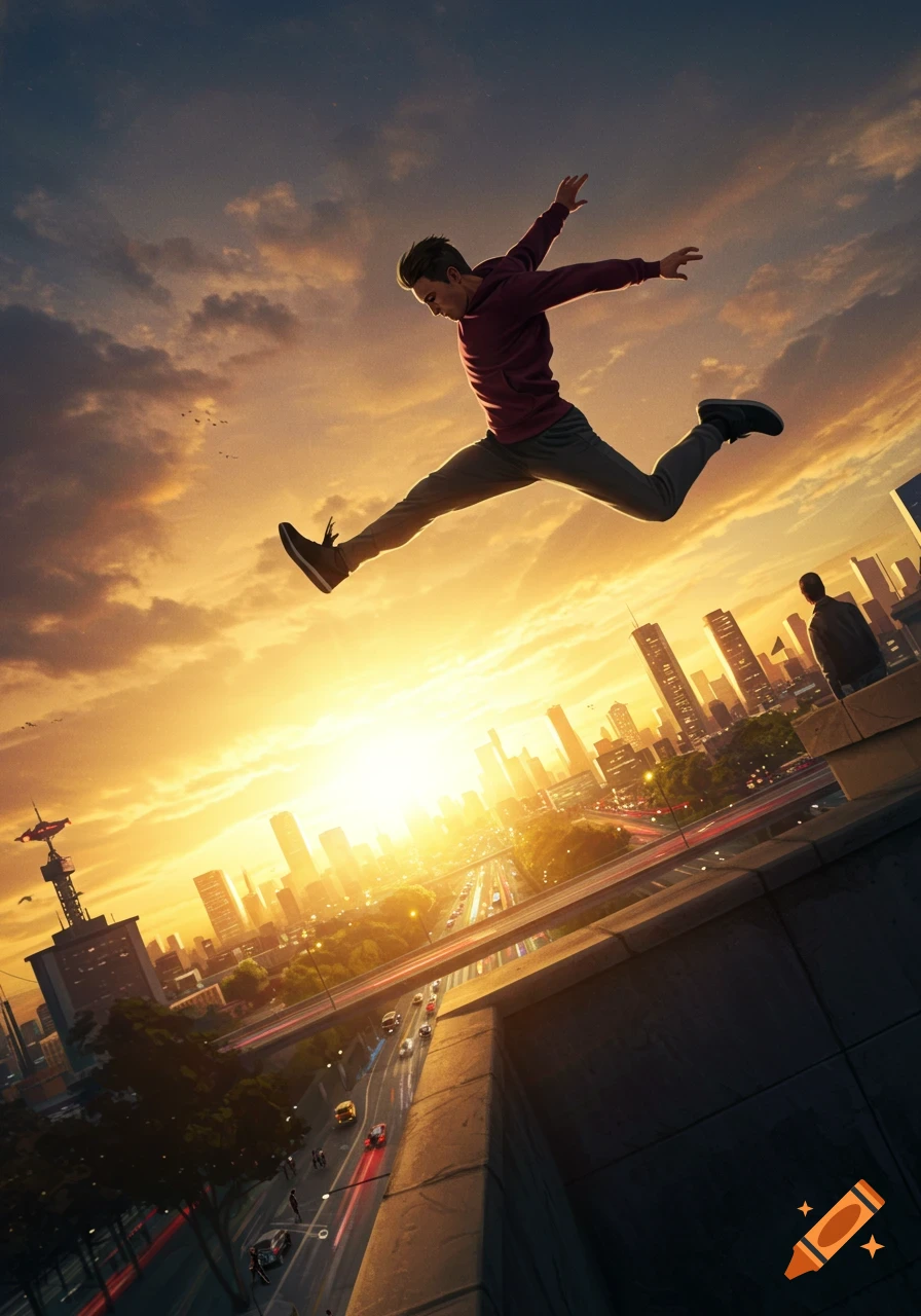 Dynamic shot of a young man performing a parkour jump over a city during a vibrant sunset.